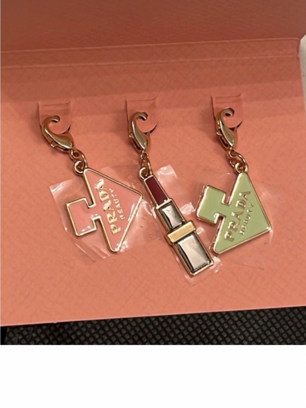 Prada Pink and Mint Enamel Logo & Lipstick Charm Trio
